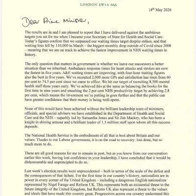 Wes Streeting's devastating resignation letter in full - 'Where we need vision, we have a vacuum' - AOL