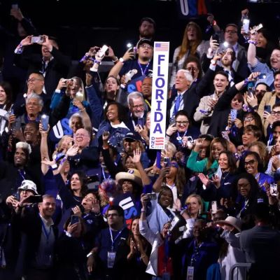 Footage shows Florida voters traveling in the rain to support Kamala Harris