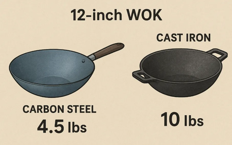 Weight comparison between carbon steel and cast iron woks