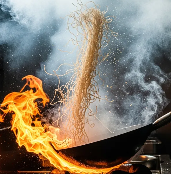 Dramatic wok cooking action shot
