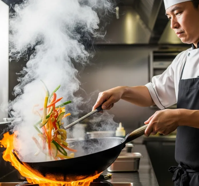Professional chef stir-frying with carbon steel wok