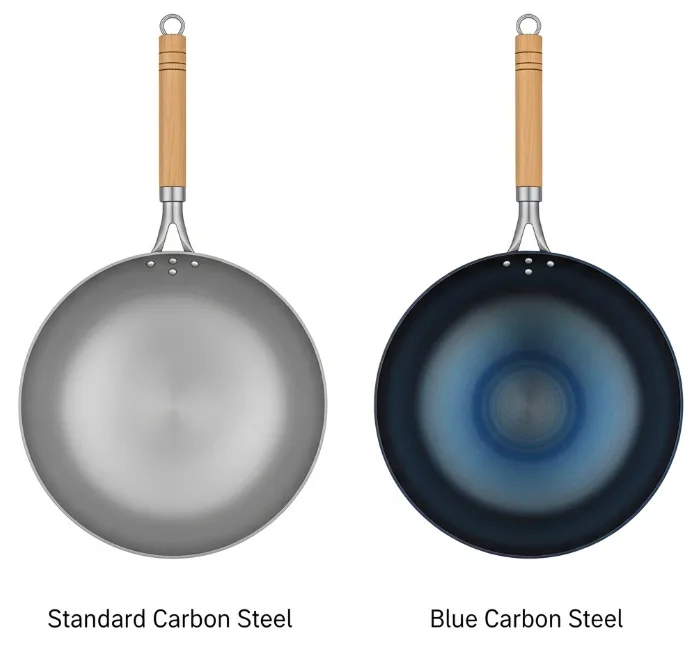 Side-by-side comparison of blue carbon steel vs regular carbon steel woks