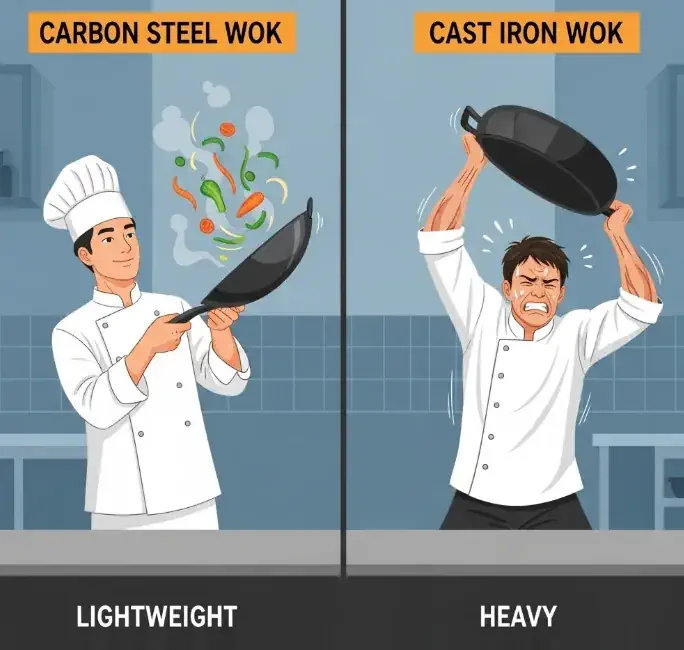 Comparison of chef using lightweight vs heavy wok