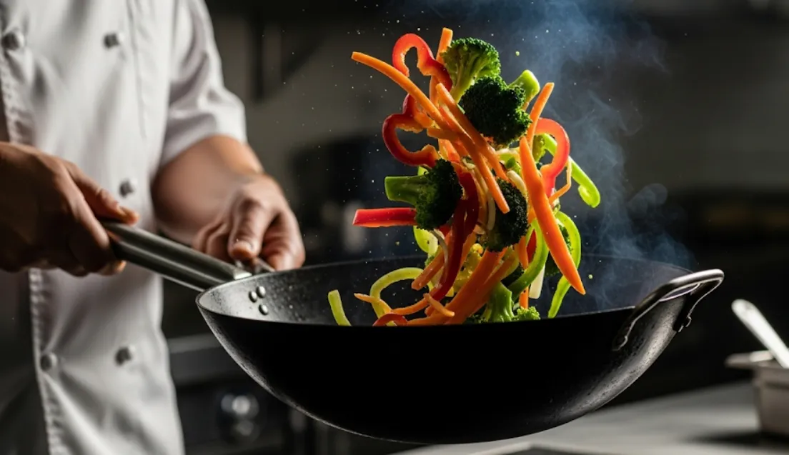 Dramatic wok hei action shot