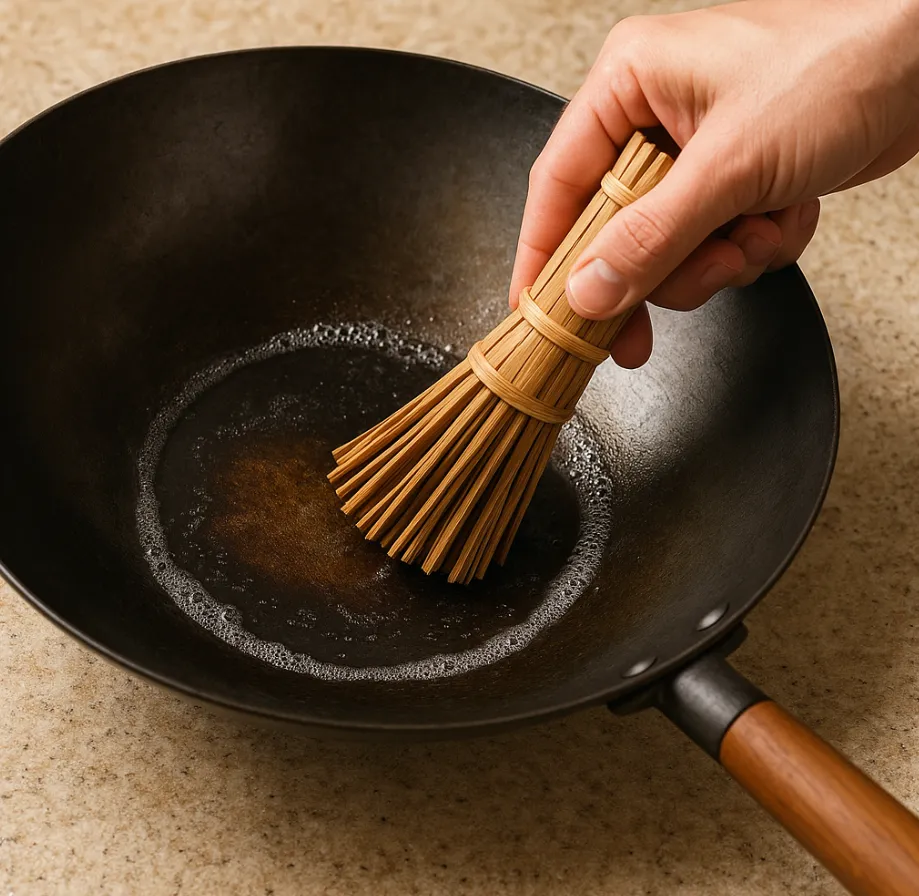 Bamboo brush wok cleaning traditional technique