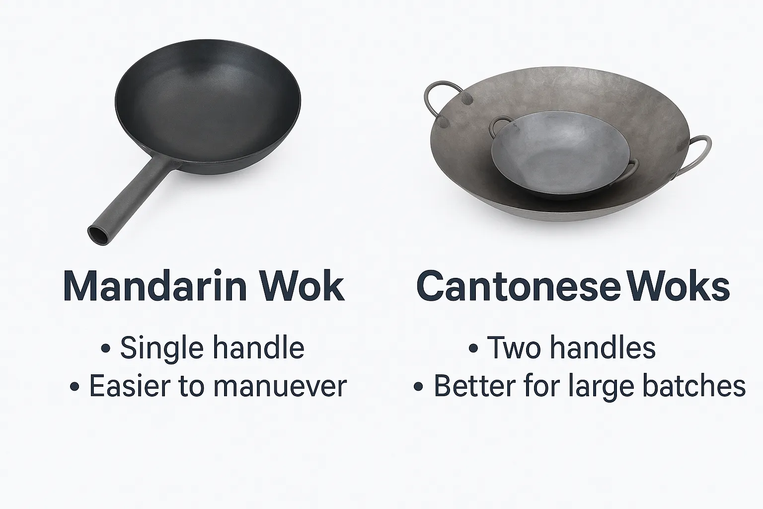 Two woks showing different handle configurations side by side