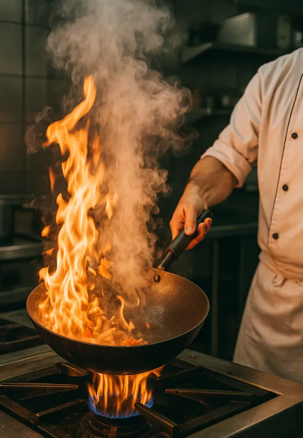 High-heat stir-frying technique showing the dynamic motion and intense heat of proper wok cooking