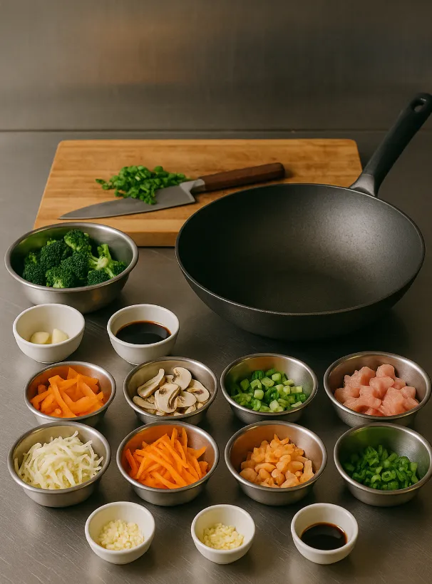 Ingredients organized and prepped for efficient wok cooking workflow