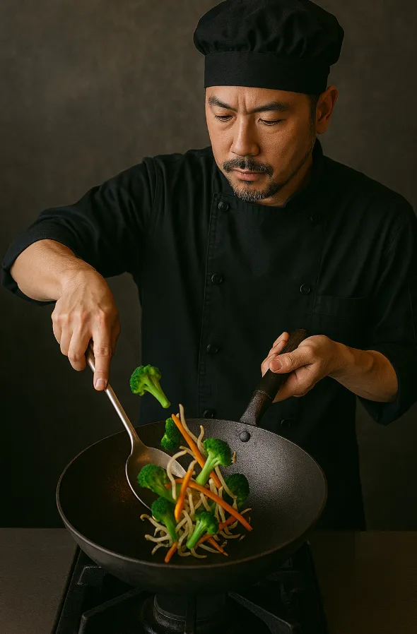 Professional chef demonstrating proper wok tossing and ingredient manipulation