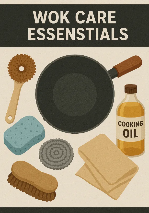 Wok care kit with bamboo brush, spatula, and seasoning tools