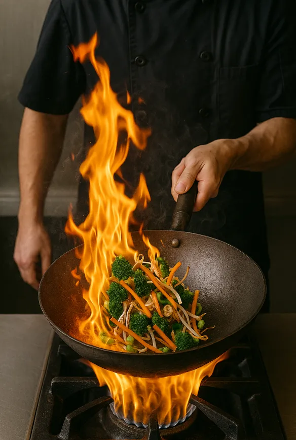 Food being tossed in wok with visible flames creating wok hei