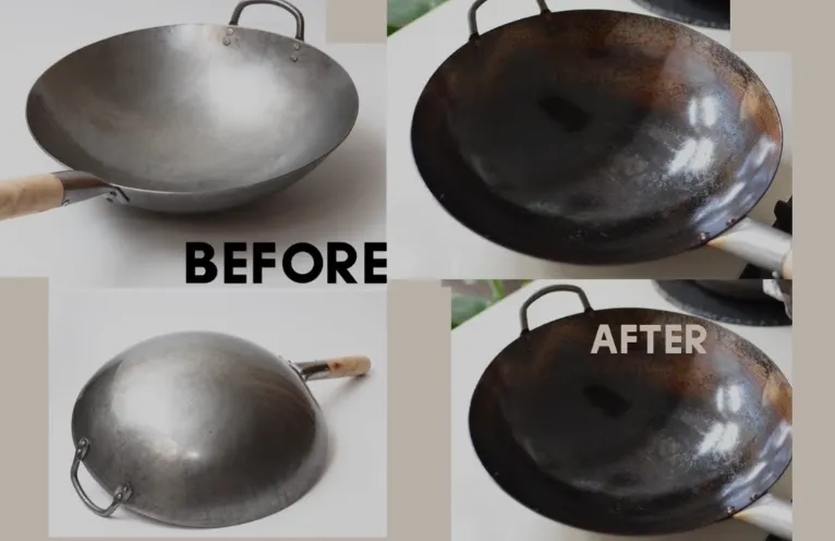 Sequential images showing wok seasoning stages and color changes