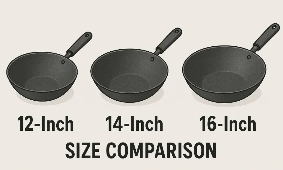 Three woks of different sizes arranged to show scale differences