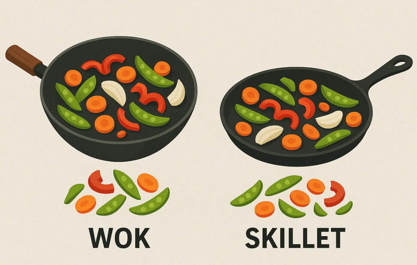 Wok vs skillet capacity comparison showing vegetable containment