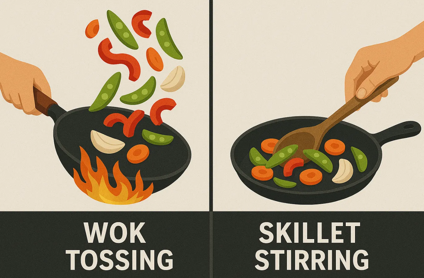 Wok tossing skillet stirring techniques comparison
