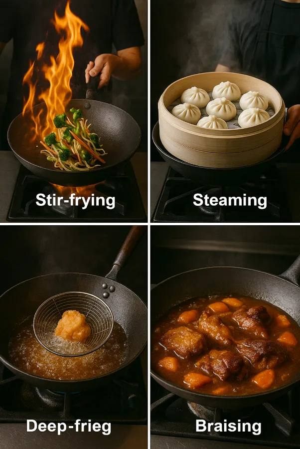 Collage showing multiple wok cooking methods beyond stir-frying