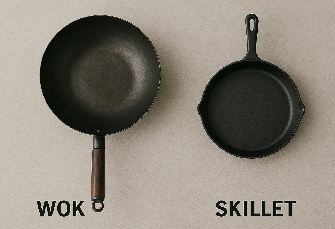 Wok vs skillet comparison showing side-by-side shapes