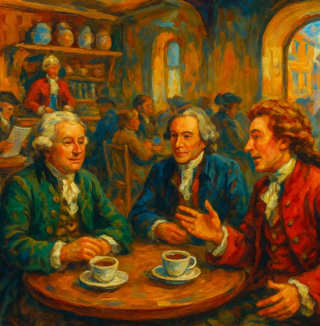 Early Lloyd’s of London coffee house showing maritime insurance business being conducted