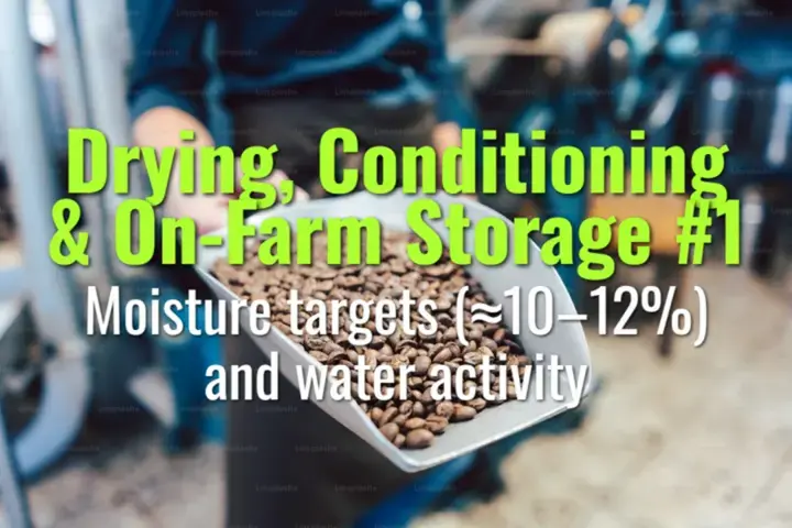 Moisture targets (≈10–12%) and water activity