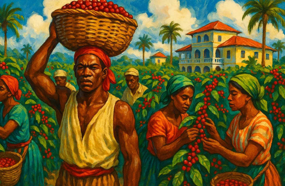 Colonial coffee plantation showing monoculture farming and displaced local crops