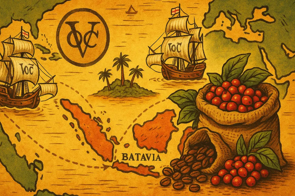 Dutch East India Company coffee plantation in Java with colonial infrastructure