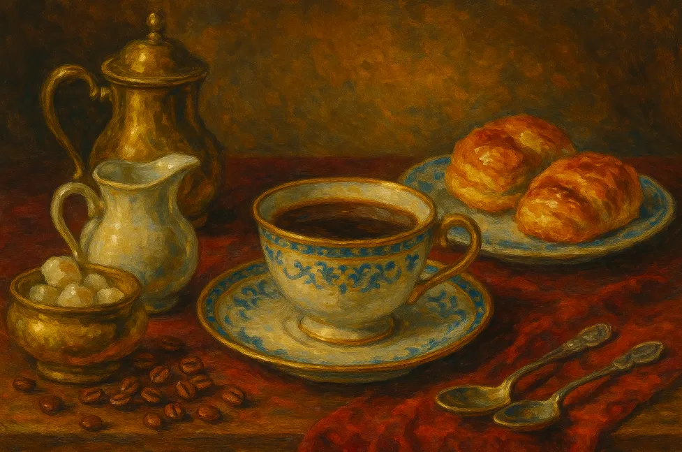 European coffee service showing addition of milk and sugar to Middle Eastern coffee traditions