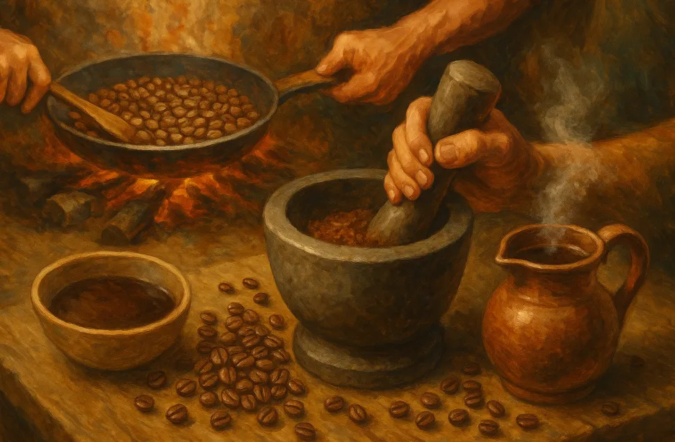 Mortar and pestle coffee grinding showing coarse coffee grounds