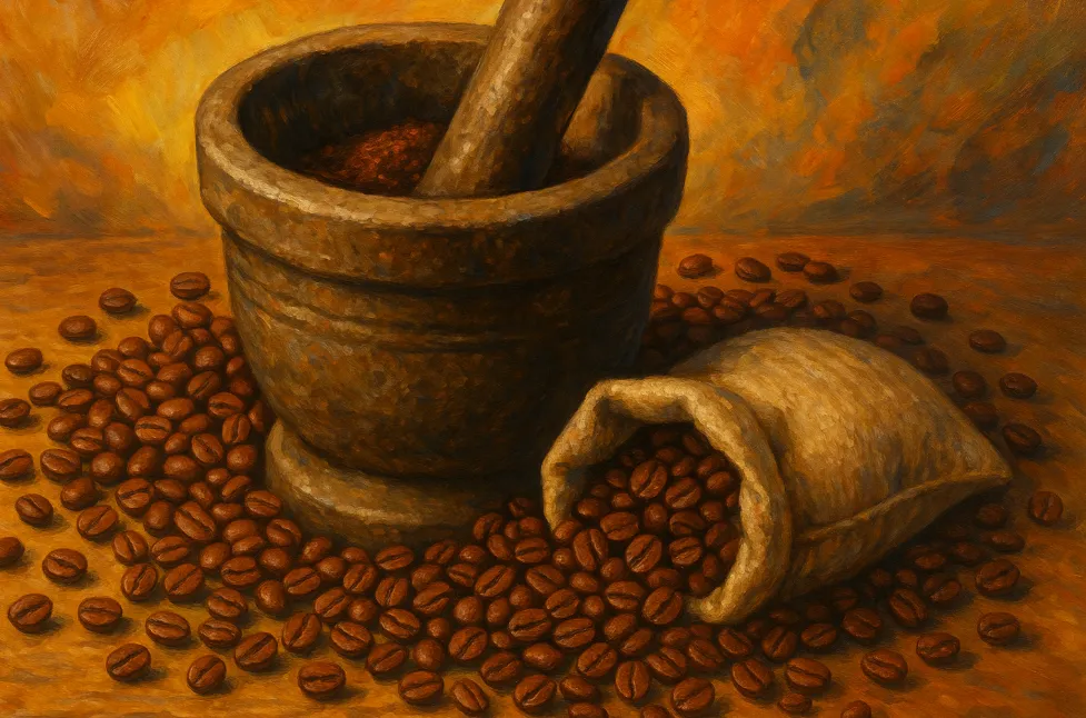 Turkish coffee brewing in traditional copper ibrik showing foam development