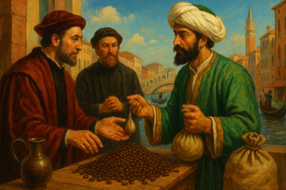 Venetian merchants receiving coffee shipments from Ottoman traders in 16th century