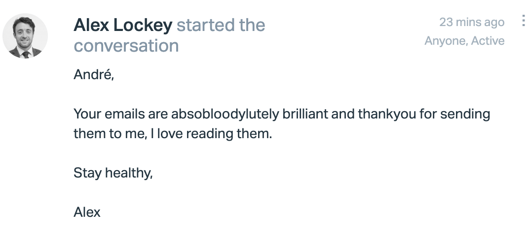 Email kudos from Alex Lockey