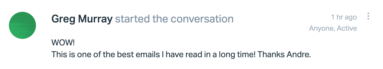 Email kudos from Greg Murray
