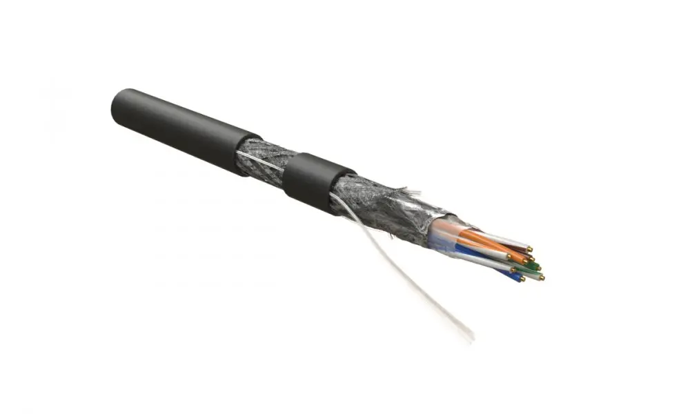 Hyperline SFUTP4-C5E-S24-OUT-PE-BK-500 (500 м) Кабель витая пара, экранированный SF/UTP, общий экран оплетка и фольга, категория 5e, 4 пары 24 AWG, 4х2х0,51 мм, однопроволочные жилы, PE, внешний -40°C – +80°C, черный
