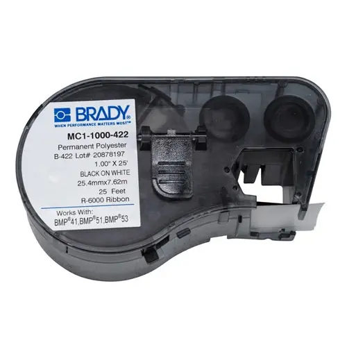 BRADY brd131595 MC1-1000-422 лента 25.4мм/7.62м, полиэстер белый, печать черным, в картридже 7.62м (BMP41/51/53)