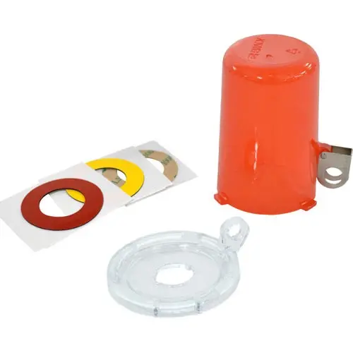 BRADY gws130819 Блокиратор пусковой/аварийной кнопки малый (до 16 мм), красный, 80мм х 64мм х 9мм. (в комплекте три наклейки: прозрачная, желтая, красная)