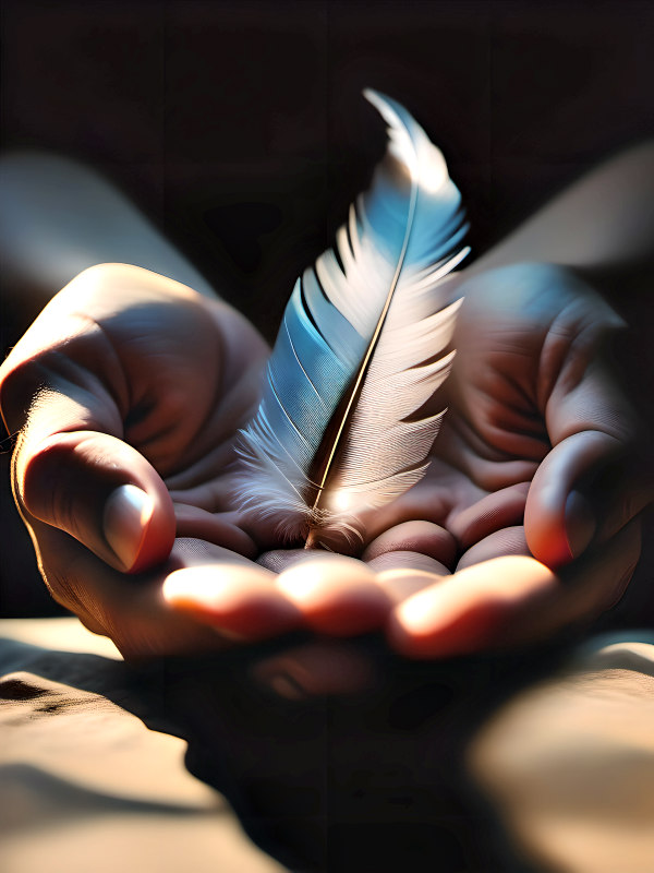 Hands holding a feather 