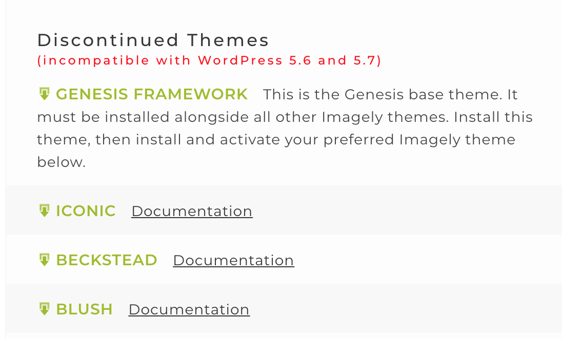 Screenshot of Imagely deprecated themes