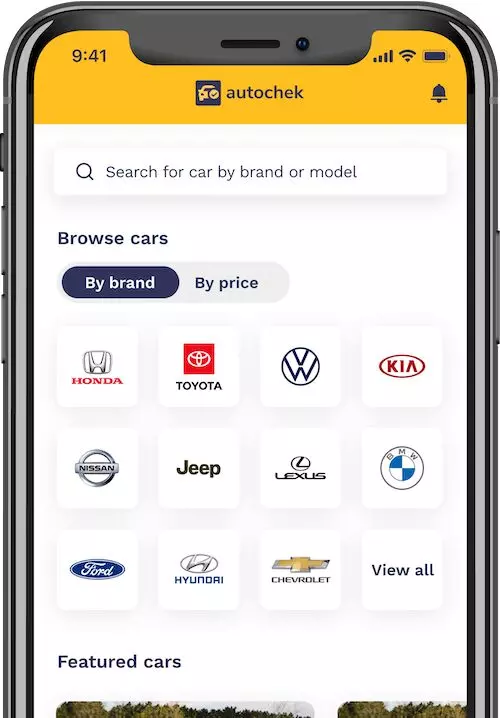 Iphone x mobile phone showing the autochek mobile app for buying cars buy brand and price