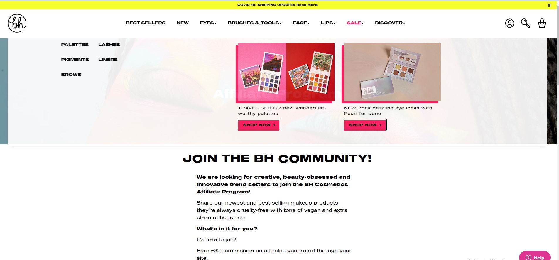 BH Cosmetics affiliate page