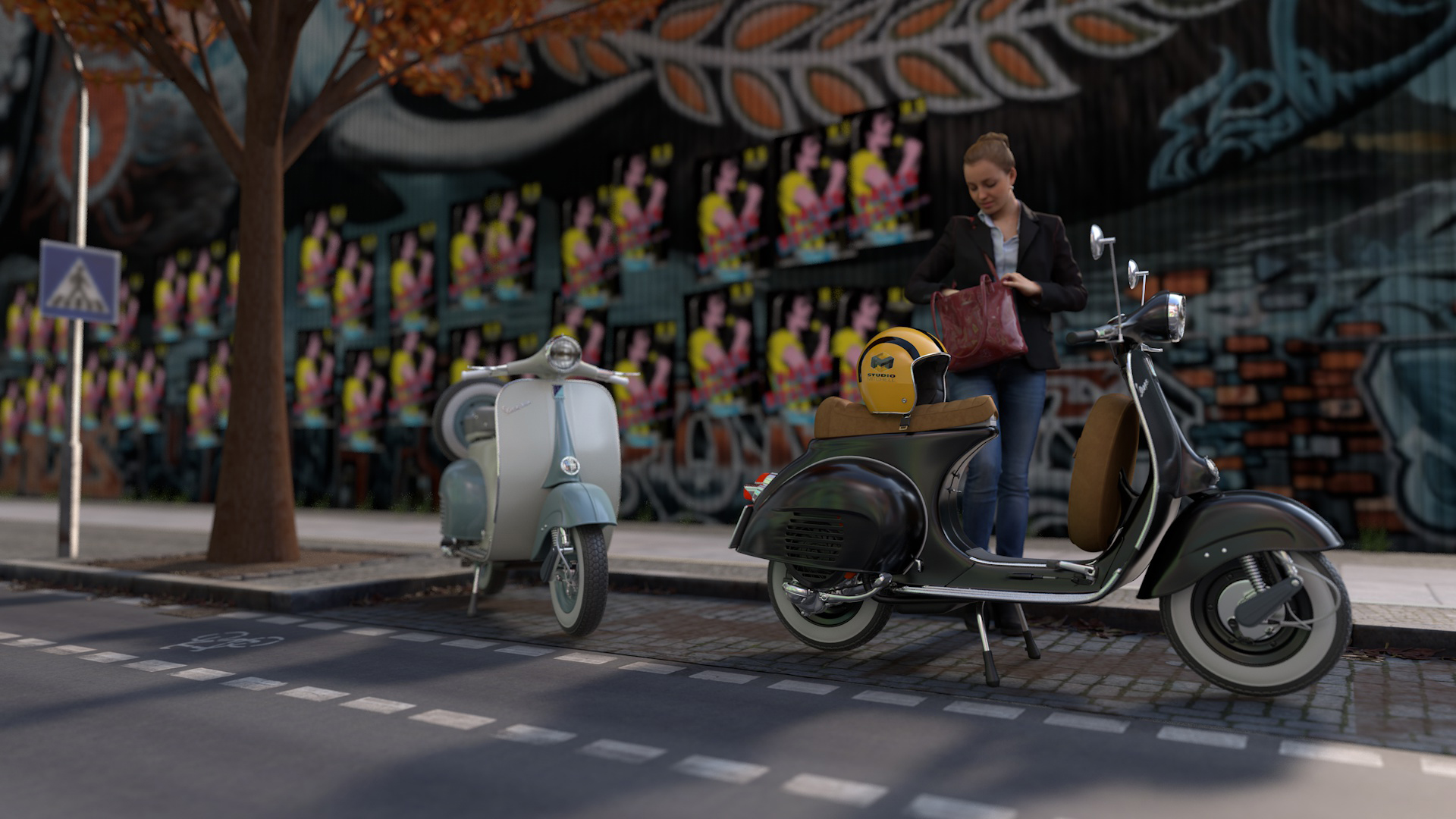 3D scooter scene enhanced using AI for realistic motion and atmosphere