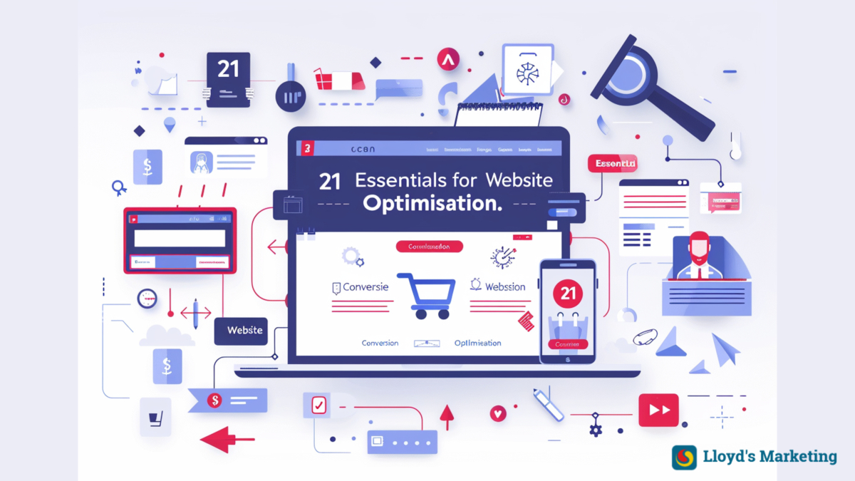 Illustration depicting various elements of website optimisation, with a central screen titled "21 Essentials for Website Optimisation" and multiple icons and graphics related to digital marketing strategies.