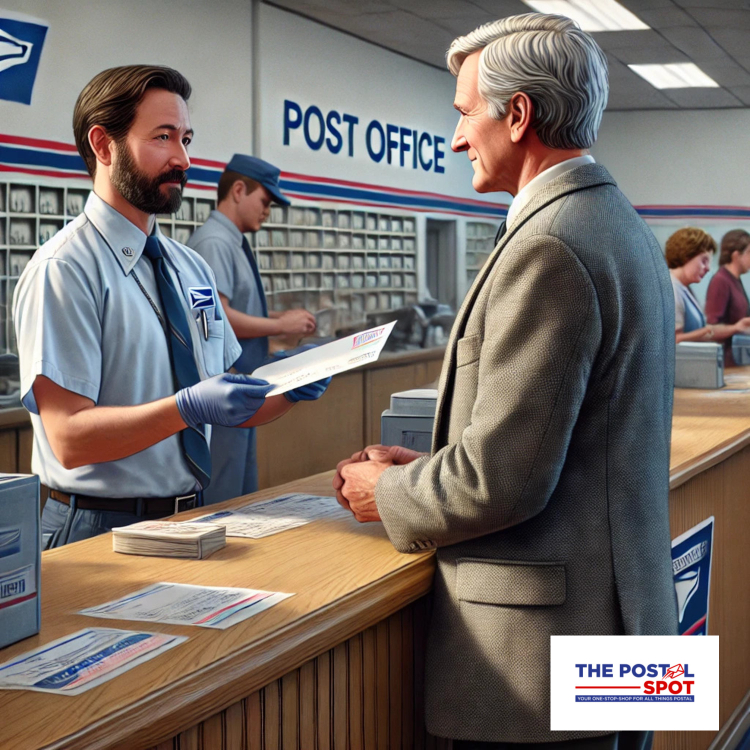 man at the postoffice sending a letter certified mail