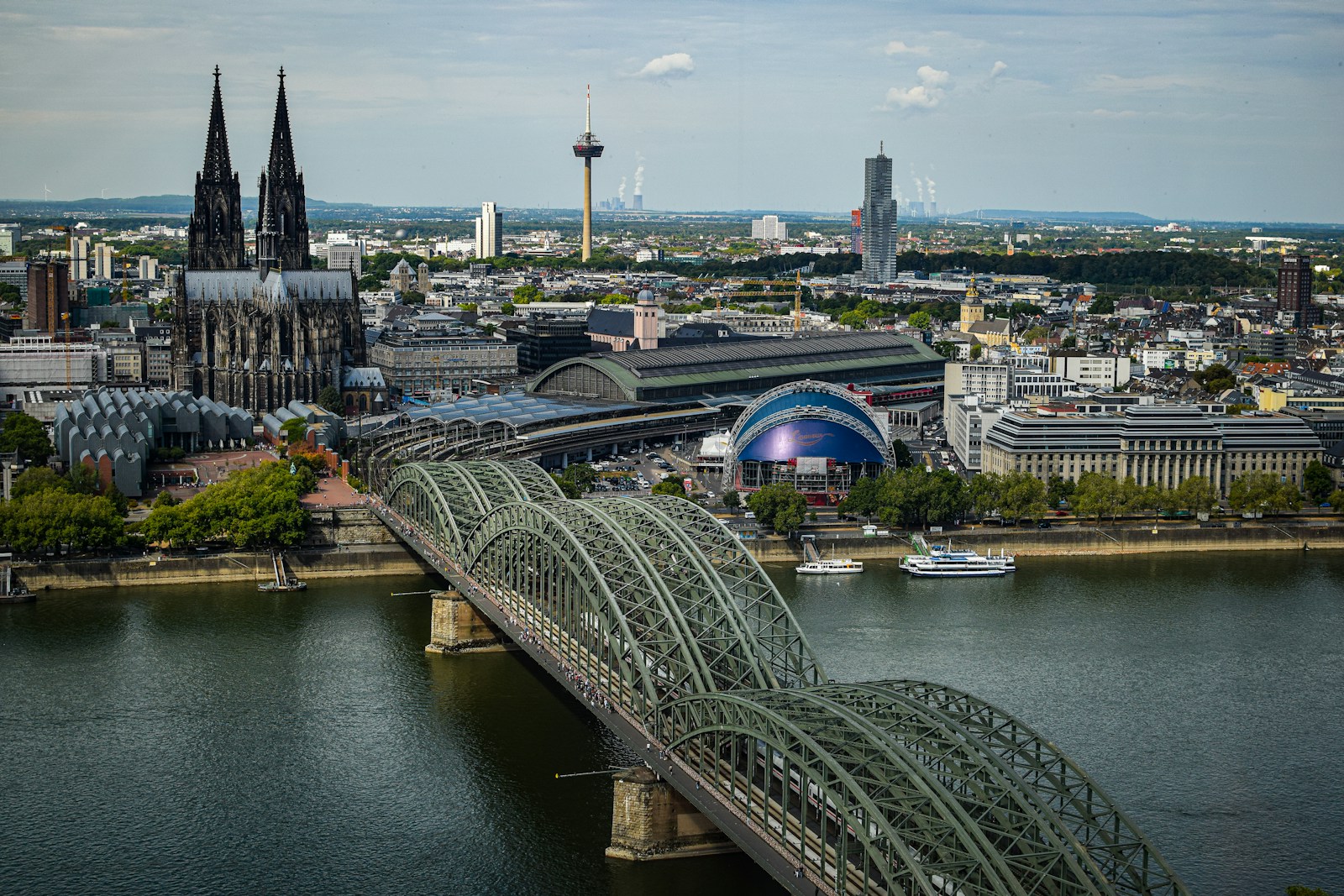 An aerial view of a city and a bridge