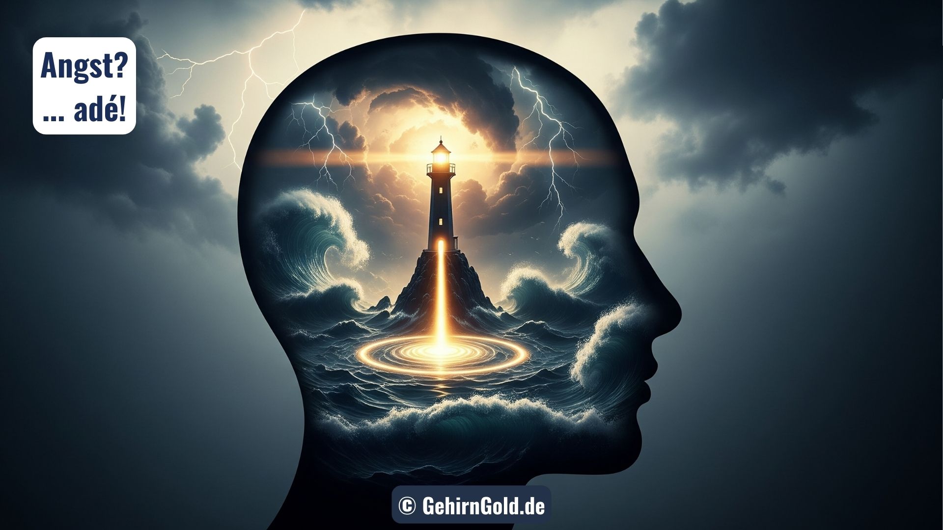 Ein Leuchtturm sendet einen goldenen Lichtstrahl in ein stürmisches Meer, als Symbol für Sicherheit bei Angst.