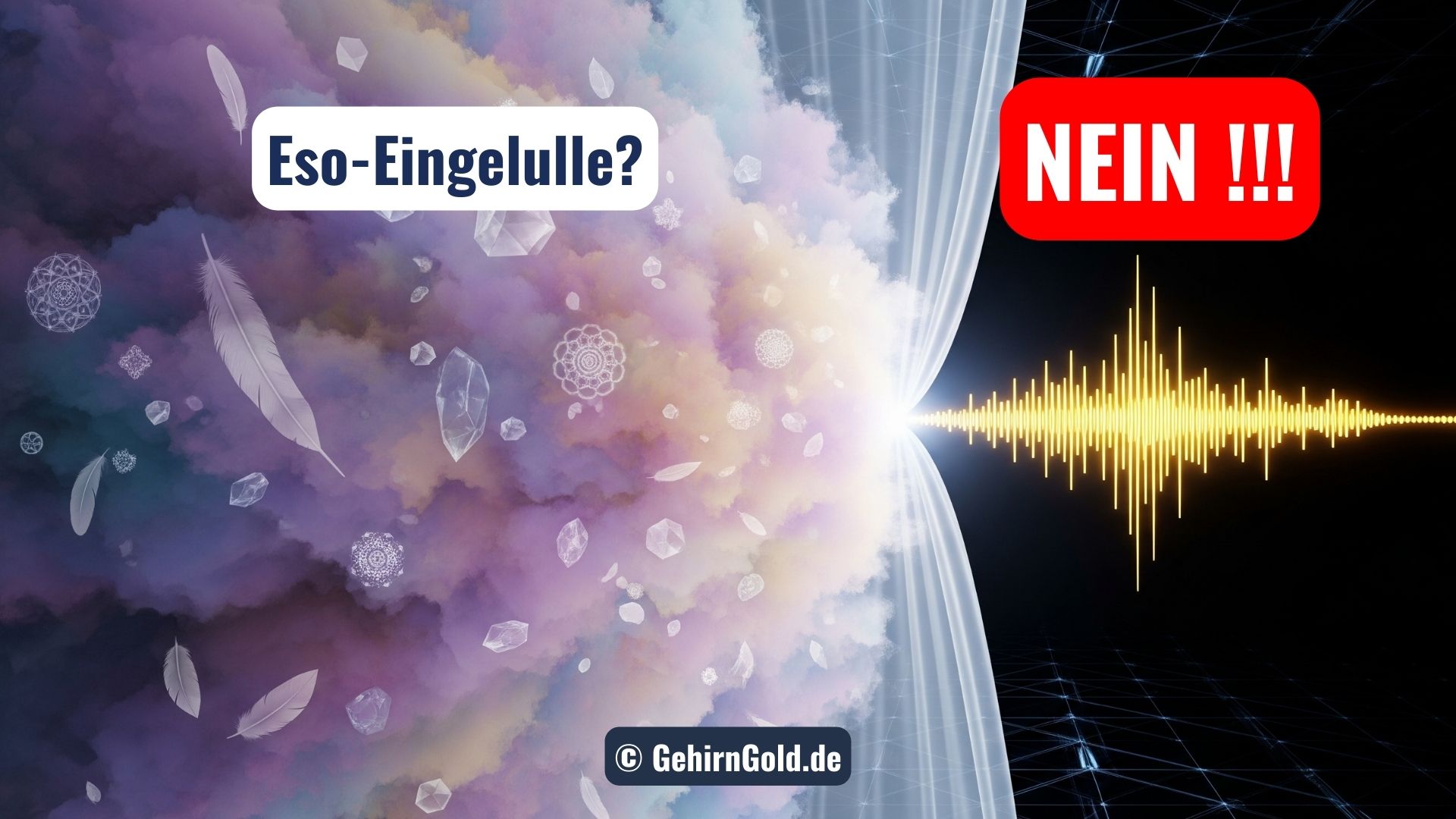 Eine goldene Schallwelle durchtrennt wie ein Skalpell einen diffusen Nebel aus esoterischen Symbolen.