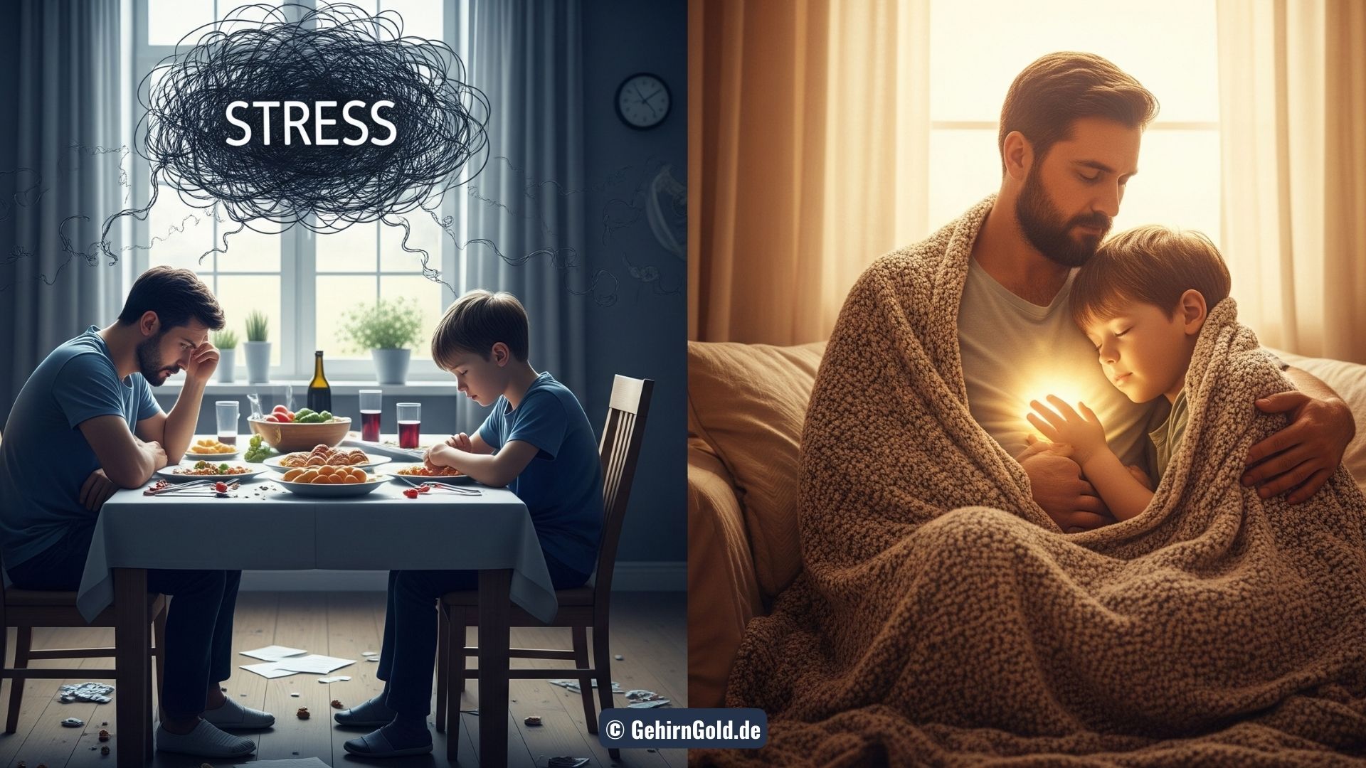 Ein Vater und sein Sohn finden in einer liebevollen Umarmung Ruhe und entkommen so dem Alltags-Stress.