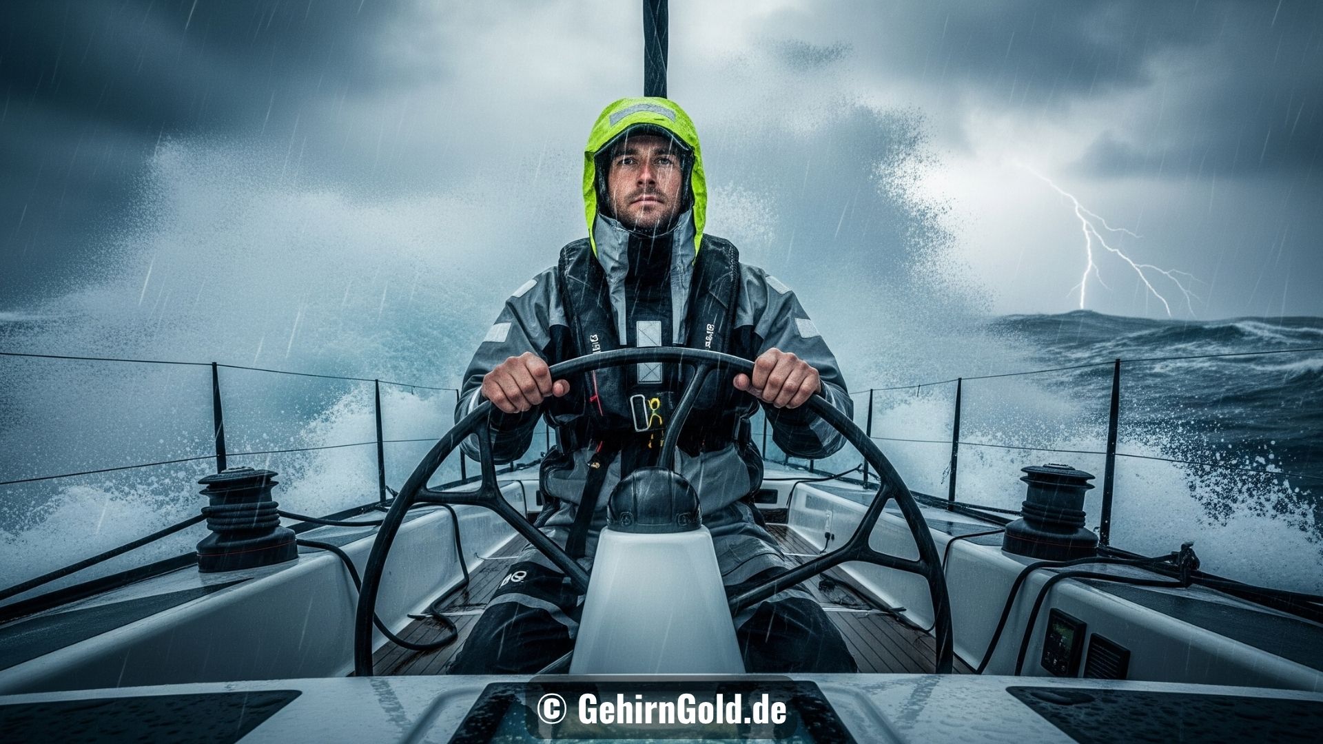 Ein Segler in High-Tech-Kleidung sitzt ruhig am Steuer einer Rennyacht in einem tosenden Sturm.