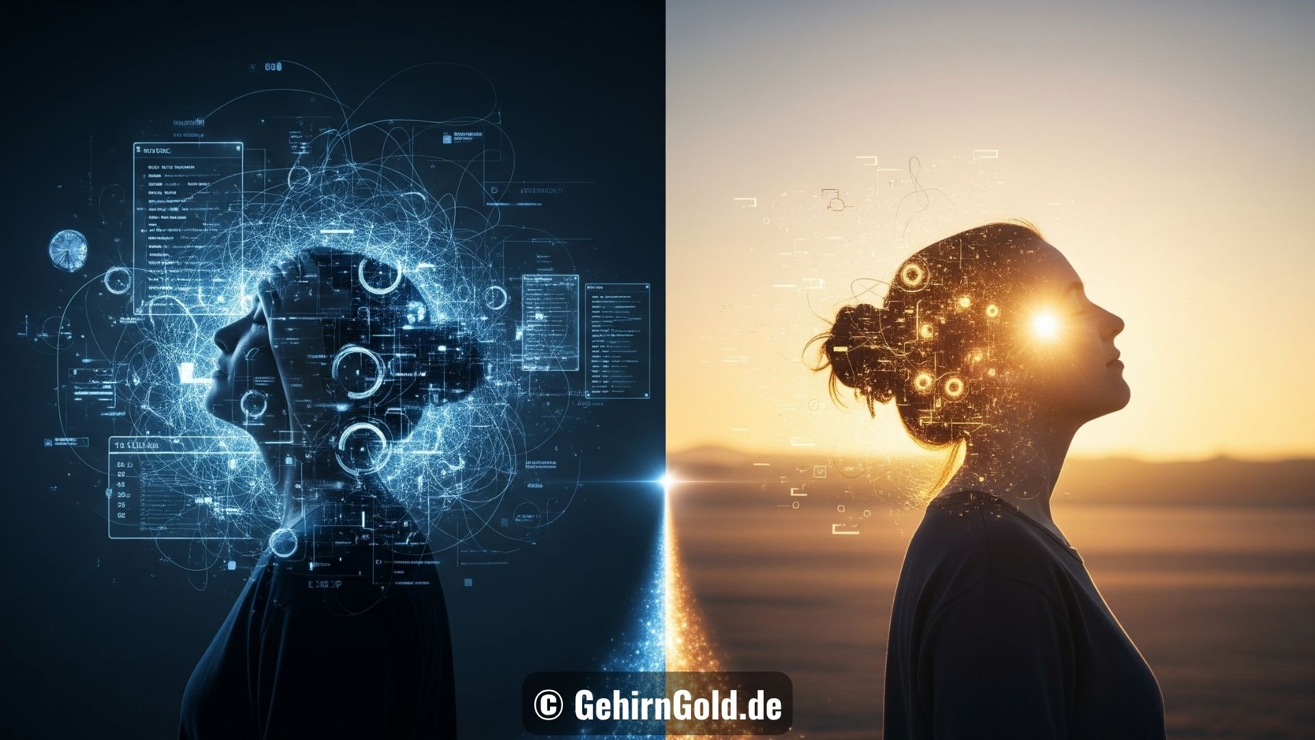 Eine Person durchlebt eine Transformation von mentalem Chaos zu innerer Klarheit und visionärer Ruhe.