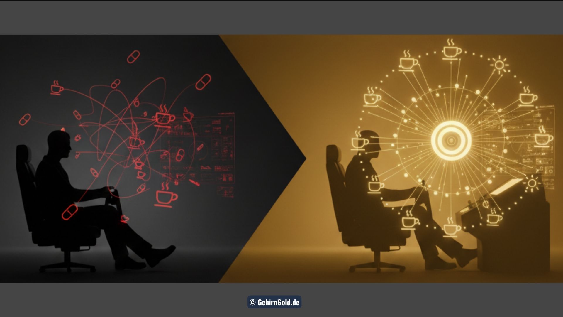 Eine Silhouette blickt links auf ein chaotisches Durcheinander von Symbolen und sitzt rechts souverän an einem geordneten, goldenen Cockpit. Metapher für das Biohacker's Toolkit gegen Jetlag.