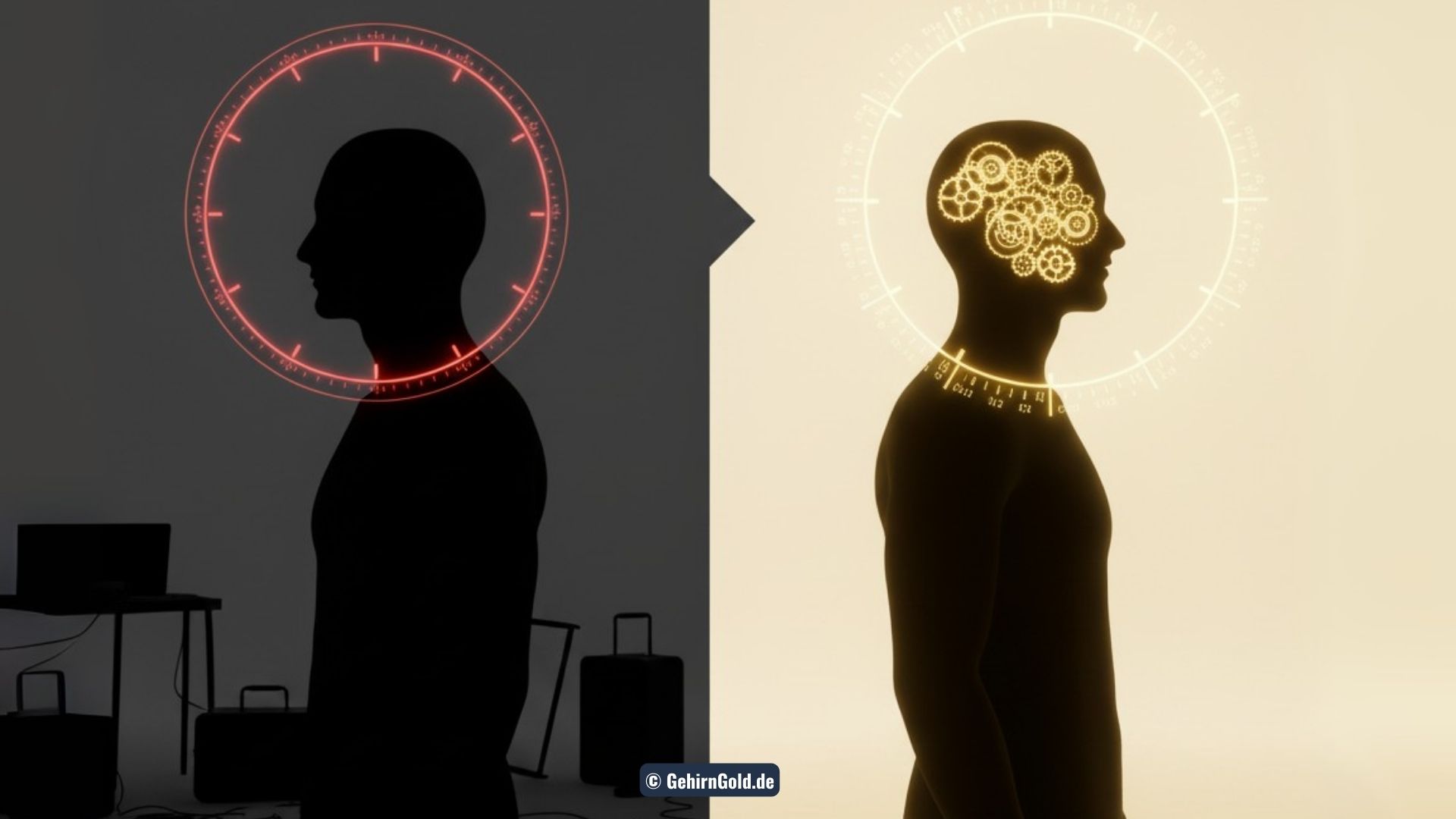 Eine Silhouette blickt links auf eine chaotische, rote Uhr und stellt rechts ihre eigene, innere Uhr mit einer goldenen Stellschraube ein. Metapher für das Pre-Flight-Protokoll gegen Jetlag.