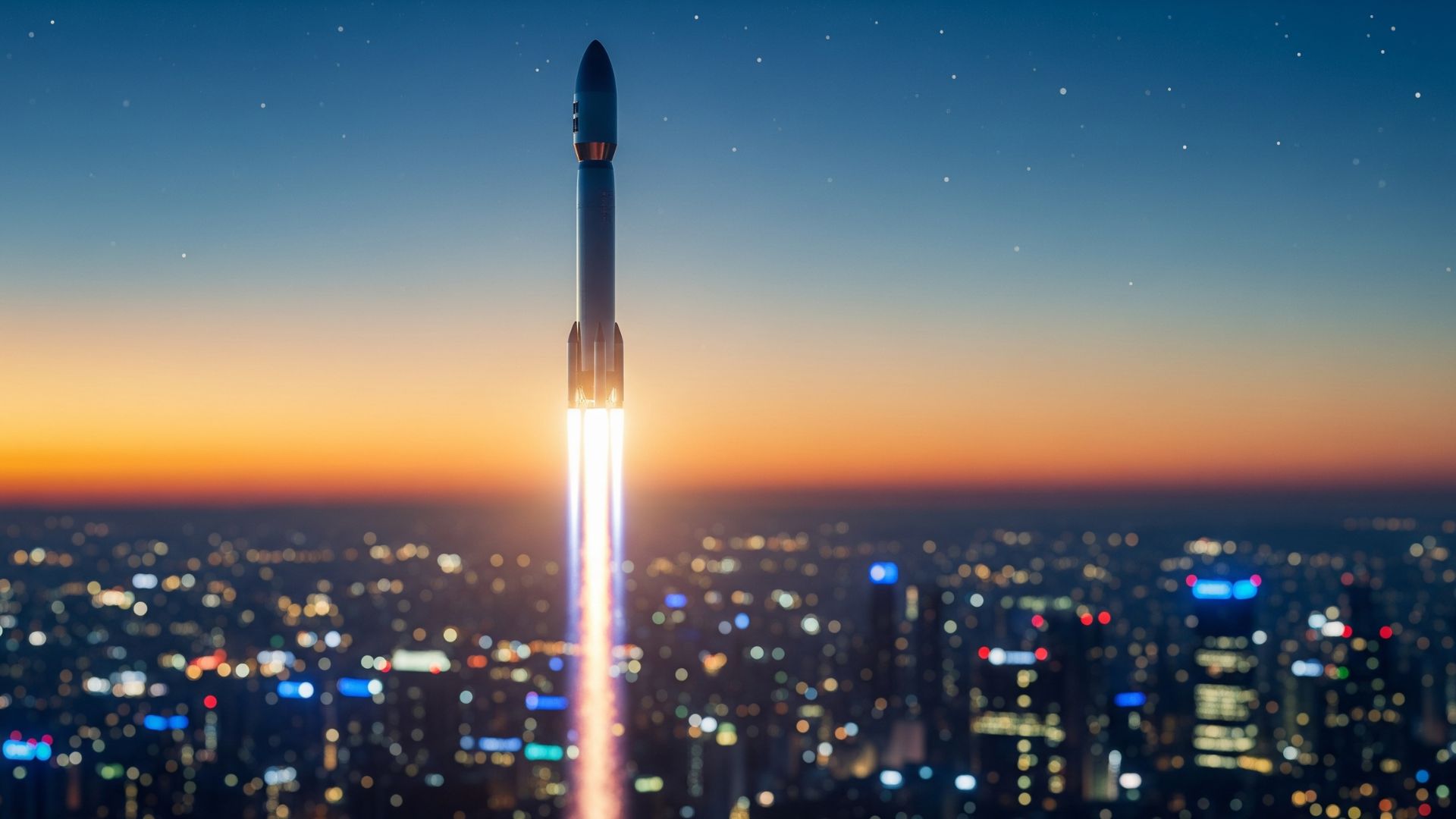 Eine Rakete startet in den Himmel, als Symbol für Energie, Fokus und das Überwinden des Alltags